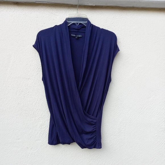 Navy Blue Drapey Surplice Faux Wrap Top Capsule Office Work Comfy Essentials - Picture 1 of 14